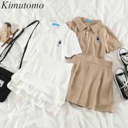 Kimutomo Women Two Piece Sets Summer Fresh Style Girls Turn-down Collar Short Sleeve Tops Elastic Waist A-line Solid Skirts 210521