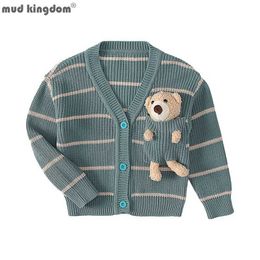 Mudkingdom Girls Boys Knit Cardigan Sweater with Bear Doll Fashion Stripe Soft Coats Ribbed V-Neck Outerwear for Kids Clothes Y1024