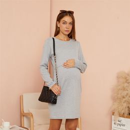 ArrivalMaternity Round collar Plain Light Grey Normal Slip Long-sleeve Nursing Dress 210528