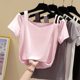 Off Shoulder T shirt Women Clothes Sexy Summer Tops Female Tshirt Tee Shirt Femme Short Sleeve Cotton Tops Pink 210604