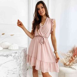 Casual Solid White Elegant Ruffled Summer Dress for Women Pink Bohemian Beach Style Mini Dress V Neck Sundress 210415