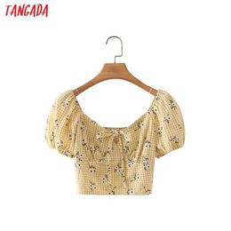 Tangada Women Retro Yellow Plaid Floral Print Crop Shirt Summer Blouse Puff Short Sleeve Chic Female Tops 2M49 210609