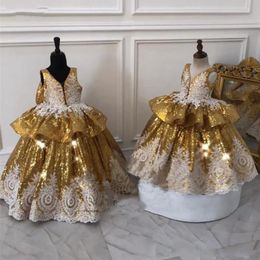 Bling Gold Sequined Party Dresses Baby Girls Formal Gowns For Wedding Ivory Lace V-neck Ruffle Ball Gown Flower Girl Dress Special Occasion Kids