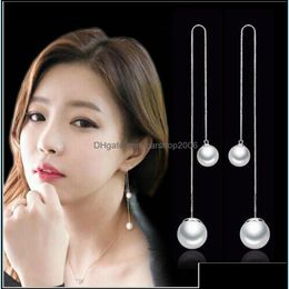 Stud Earrings Jewellery Ol Fashion Long Paragraph Tassel Pearl Ear Wire Hypoallergenic Korean Sier Manufacturers, Wholesale White Drop Deliver