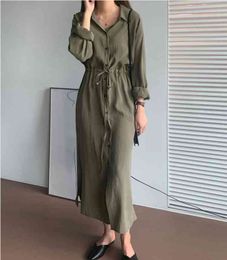 Women Shirt Dress Solid Multi Colors Casual Oversize Lace Up Long Loose Sleeve Vintage 901B 210420