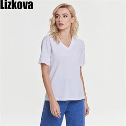 Lizkova T-shirts Women Cotton 100% V-neck Short Sleeve Mujer Camisetas Spring White Soft Casual Tops 6001 210330