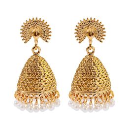 Retro Big Gold Bells Alloy Indian Jhumka Dangle Earrings Women's Vintage Peacock Pearls Beads Earrings Bijoux