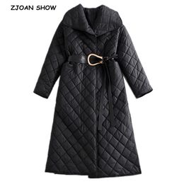 Winter Lapel Quilting Plaid Stay Warm Parka Coat With Belt Women Extra long Trench Jacket Outerwear Elegant Black 210429
