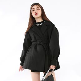 Spring Female Turn-down Collar Long-sleeved Jacket Plus Size Woolen Suit Coat With Belt Black Mantel 210510
