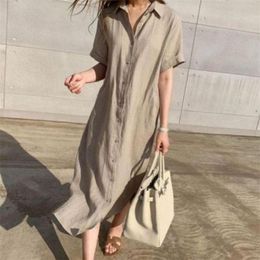 Korea Lazy Wind Chic Simple Loose Single Breasted Short Sleeve Shirt Dress Casual Solid Split Lapel Long Vestido De Mulher 210517