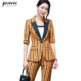 Fashion Women Suit Summer Half Sleeve Stripe Blazers Pants Office Lady Formal Work Clothes Woman Two Piece Set 210604