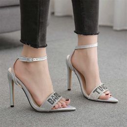 2021 Crystal Letters Fashion Women Gladiator Sandals Pointed Open Toe Silver Buckle Pumps Female High Heels Dress Party Shoes 41 Y0721