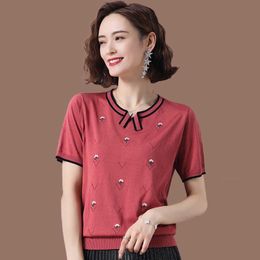 Summer Womne's Tshirt Fashion Knitted Short Sleeve Pullover Top O-neck Rib Thin Sweater Female Casual Blouse 210604