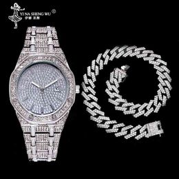 heavy set men UK - Hip Hop Men Watch+Necklace Full Set Gold Color Heavy Full Iced Out Paved Rhinestones 19MM Cuban Chain CZ Bling Jewelry For Gift X0509