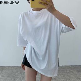 Korejpaa Women T-shirt Summer Korean Chic Simple O-neck Loose Casual Solid Colour Open Fork Short-sleeved Tee Top Female 210526