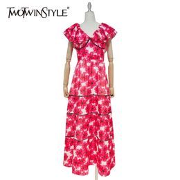Floral Print Summer Dress For Women V Neck Short Sleeve High Waist Patchwork Ruffle Maxi Dresses Female 210520