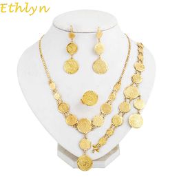 Ethlyn Muslims Islamic Coin Necklace Set Gold Colour Coin Earrings+Bracelet+Rings+necklace Women wedding Jewellery Sets S041 H1022