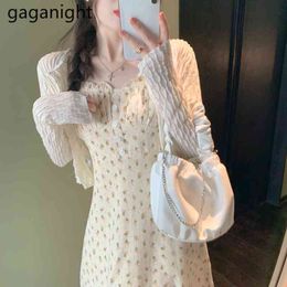 Gaganight Fashion Womens 2 Pieces Set French Slash Neck Floral Spaghetti Strap Dress+Summer Knitted Cardigan Tops Suit 210519