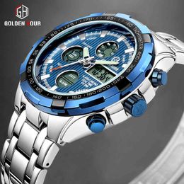 GOLDENHOUR Fashion Sport Watches for Men Top Brand Luxury Military Quartz Wrist Watch Mens Clock Chronograph Steel Wristwatch 210517