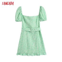 Tangada Summer Women Green Flowers Print French Style Dress with Belt Puff Short Sleeve Ladies Dress Vestidos BE747 210609