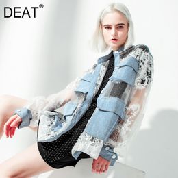 DEAT spring and summer fashion sexy delicate long sleeve lace stitching denim loose jacket Denim women SJ933 210428