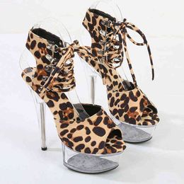 Sandals Transparent crystal shoes 34-43 leopard print sexy stiletto platform sandals 13cm15cm high heels 220309