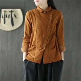 Autumn Winter Arts Style Women Long Sleeve Shirts Thicken Warm Cotton Slim Shirt Vintage Button Solid Blouse Plus Size D438 210512