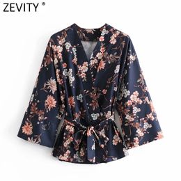 Women Vintage Cross V Neck Floral Print Kimono Blouse Female Bow Sashes Casual Smock Shirts Chic Blusas Tops LS7605 210416