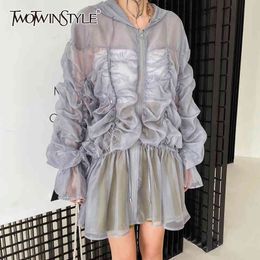 Patchwork Blue Ruffles Casual Jacket For Women V Neck Puff Long Sleeve Pleated Jackets Female Summer Style 210524