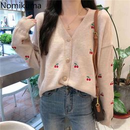 Nomikuma Korean Cherry Sweet Knitted Cardigan Jacket Autumn Long Sleeve V-neck Knitwear Causal Women Sweater Coat 6C851 210427