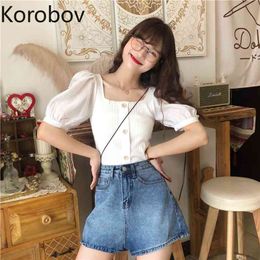 Korobov Retro Square Collar Open Collarbone Short Blouse Women Slim Fit Button Design Solid Blusas Summer New Shirt 2a883 210430