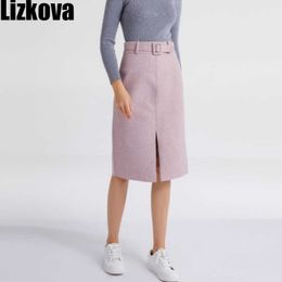 Lizkova Pink Pencil Skirt Winter Women High Waist Split Faldas With Belt Elegant Official Ladies Jupes 2810 210708