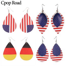 Cpop New German American Flag Pu Leather Earrings Double Layers Leaf Water Drop Earrings Fashion Jewellery Women Accessories Gift Q0709