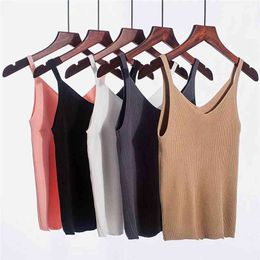 Knitted Ribbed Women Tank Tops V-Neck Sleeveless Knitting Sexy Tanks Female Spring Autumn Casual Streetwear Lady Camis 210401