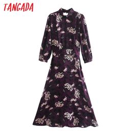 Fashion Women Purple Flowers Print Midi Backless lLong Sleeve Sexy Party Dress With Slash 5Z37 210416