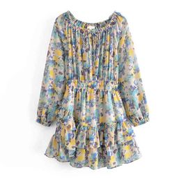 Summer Women Vintage Print Asymmetric Ruffle Dress Female Long Sleeve Elastic Waist Frayed Edge Short Holiday Casual Robe 210514