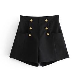 Fashion With Metal Button Pocket Shorts Women Vintage High Waist Side Zipper Female Short Pants Mujer 210430