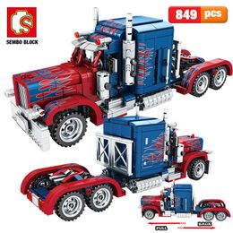 SEMBO 849pcs City Classic Pull Back Car Building Blocks technical Peterbilt Heavy Container Truck Bricks Toys for Boys Q0624