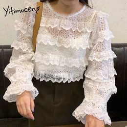 Yitimuceng White Blouse Woman Oversize Lace Hook Flower Hollow Tops Korean Fashion Long Flare Sleeve Shirt Spring Summer 210601