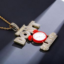 Alarm Clock Pendant Iced Out Letters "MONEY DONT SLEEP'' Micro Pave Zircon Luxury Hip Hop Jewelry Necklaces