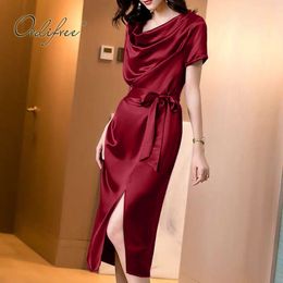 Summer Vintage Women Satin Midi Short Sleeve Belted Burgundy Party Dress 210415