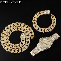 Hip Hop 12.5MM 3PCS KIT Heavy Watch+Square Necklace+Bracelet Bling Crystal AAA+ Iced Out Cuban Rhinestone Chains For Men Jewellery X0509