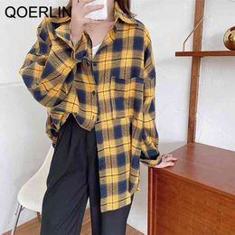 Plaid Shirt Loose Polo Lapel Drop Shoulder Full Sleeve Single-Breasted Pocket Blouse Tops Lady Yellow Long Checked Blusa 210601