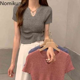 Nomikuma Graphic Tees V Neck Short Sleeve T Shirts Women Solid Colour Casual Basic Tops Summer All-match Knitted Tshirts 210514