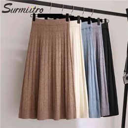 Warm Knitted Midi Skirt Women For Autumn Winter Koreaan Ladies High Waist A Line Pleated Long Female 210421
