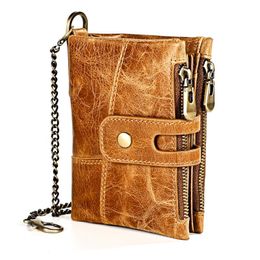 Wallets Men's Short Wallet With Anti-theft Chain Retro Genuine Leather Cowhide Crazy Horse Money Card Coin Purse Holder For Man