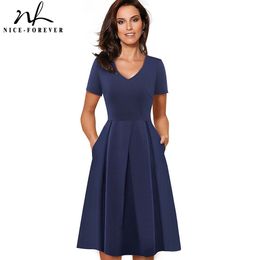 Nice-forever Summer Pure Colour with Pockets Dresses Retro Pinup Casual Flared Women Dress A206 210419