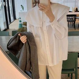 Spring Single Breasted Women's Blouse Long Sleeve Double Peter Pan Collar Pleated Shirt Female 210427