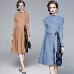 LLZACOOSH fashion Women Vintage Stripe Knit Patchwork Dresses Knitted Long Sleeve Belt Pleated Dress Vestidos 210514