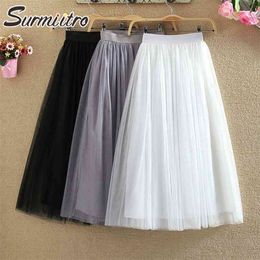 3 layers Midi Summer Tulle Skirt Women Ladies Casual White Black High Waist Pleated Sun School Long Female 210421